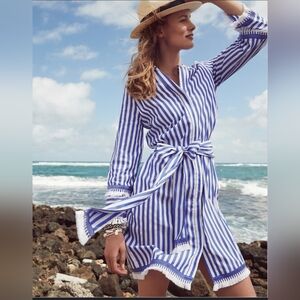 J. Crew Blue and White Striped Midi Shirt Dress
